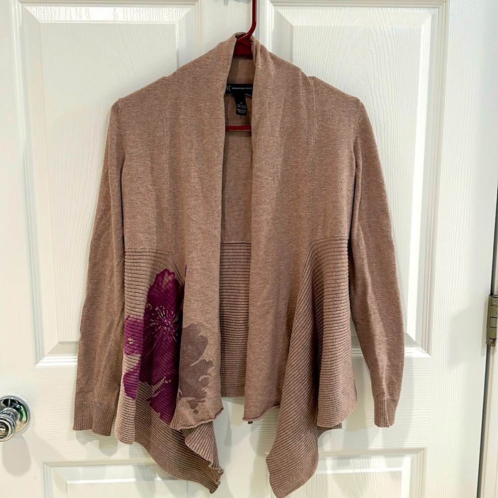 INC International Concepts Cardigan Sweater - Tan with Magenta Floral Accent
